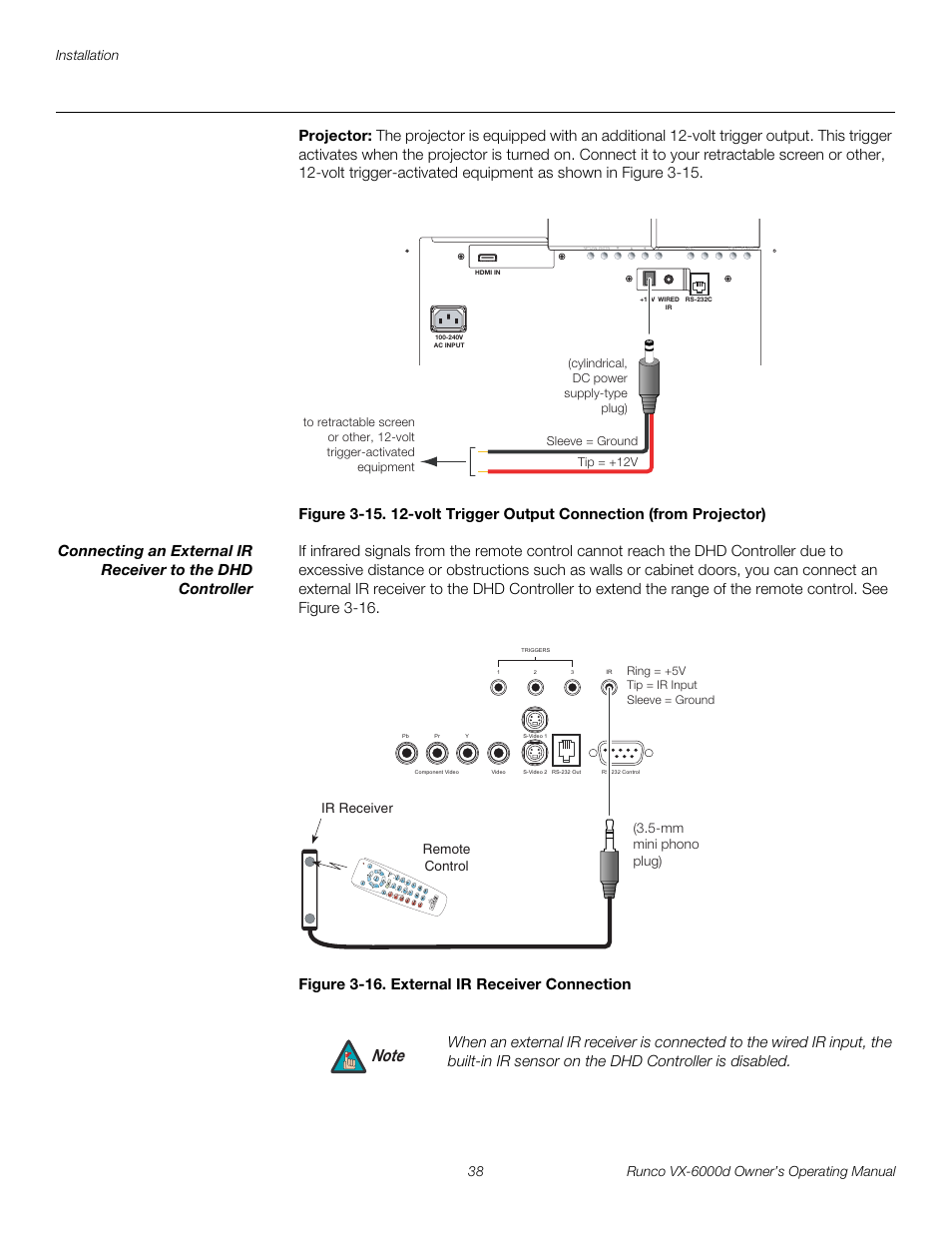 Projector, Figure 3-16 . external ir receiver connection, 16. external ir receiver connection | Pre l iminar y | Runco Video Xtreme VX-6000d User Manual | Page 50 / 102