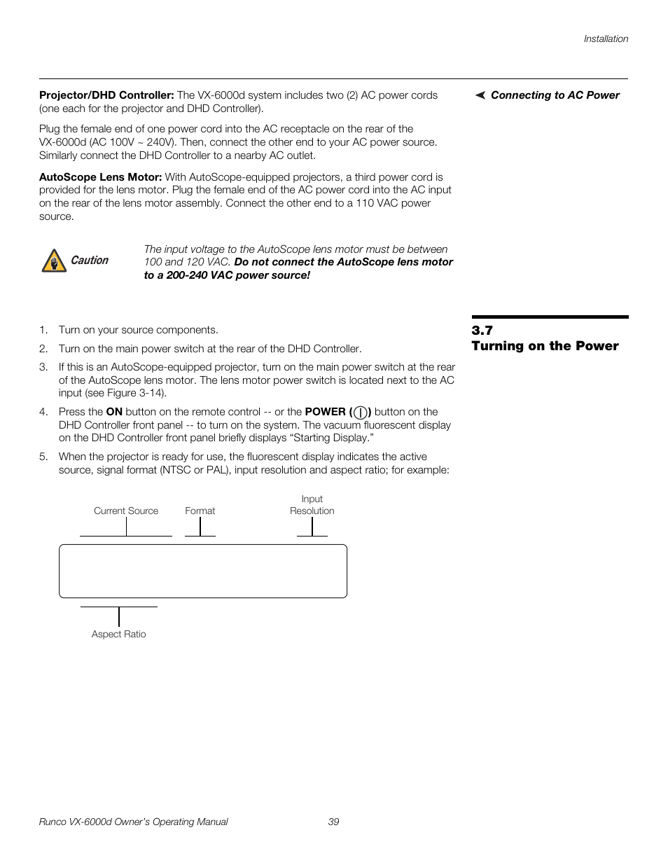 Connecting to ac power, Projector/dhd controller, Autoscope lens motor | 7 turning on the power, Turning on the power, Pre l iminar y | Runco Video Xtreme VX-6000d User Manual | Page 51 / 102