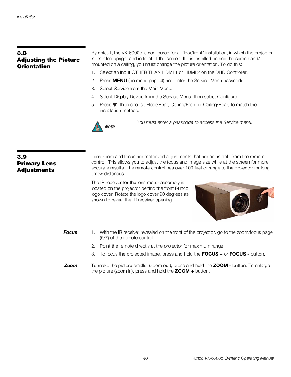 8 adjusting the picture orientation, 9 primary lens adjustments, Focus | Zoom, Adjusting the picture orientation, Primary lens adjustments, Pre l iminar y | Runco Video Xtreme VX-6000d User Manual | Page 52 / 102