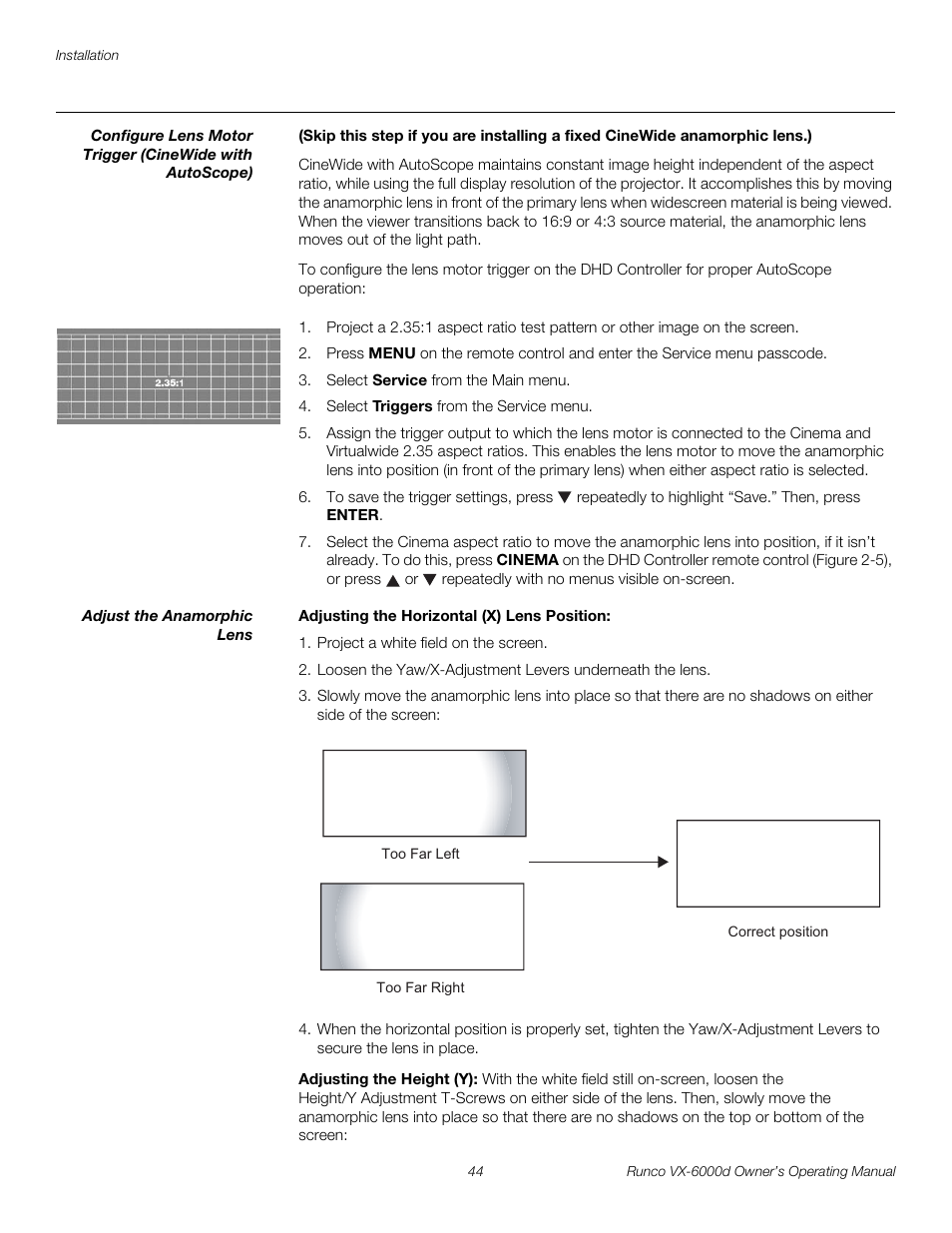 Adjust the anamorphic lens, Adjusting the horizontal (x) lens position, Adjusting the height (y) | Pre l iminar y | Runco Video Xtreme VX-6000d User Manual | Page 56 / 102