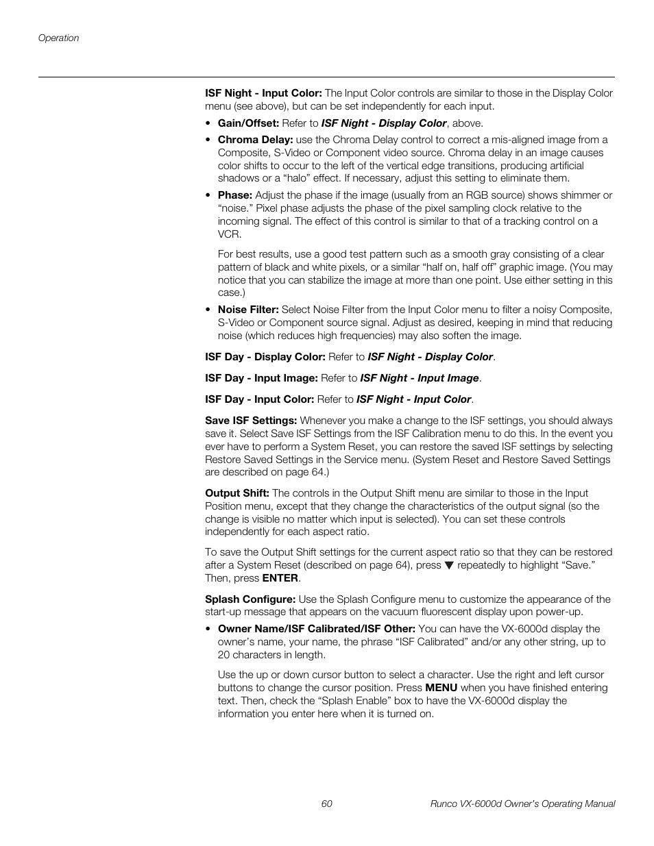 Isf night - input color, Isf day - display color, Isf day - input image | Isf day - input color, Save isf settings, Output shift, Splash configure, Pre l iminar y | Runco Video Xtreme VX-6000d User Manual | Page 72 / 102