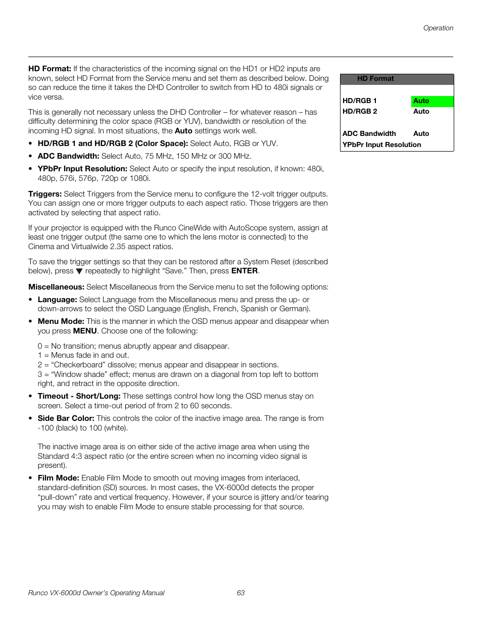 Hd format, Triggers, Miscellaneous | Pre l iminar y | Runco Video Xtreme VX-6000d User Manual | Page 75 / 102