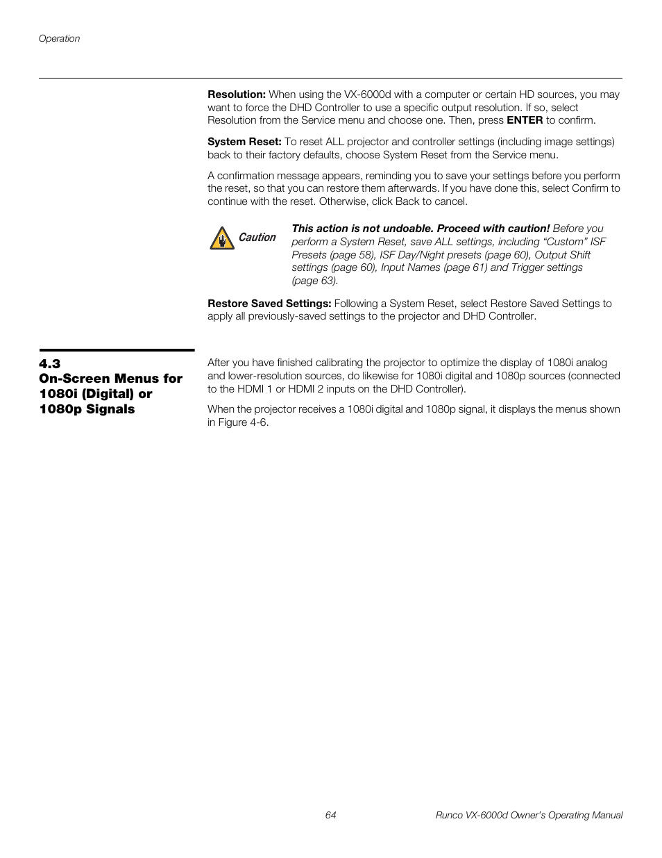 Resolution, System reset, Restore saved settings | Restore saved settings in, D restore saved settings, Pre l iminar y | Runco Video Xtreme VX-6000d User Manual | Page 76 / 102