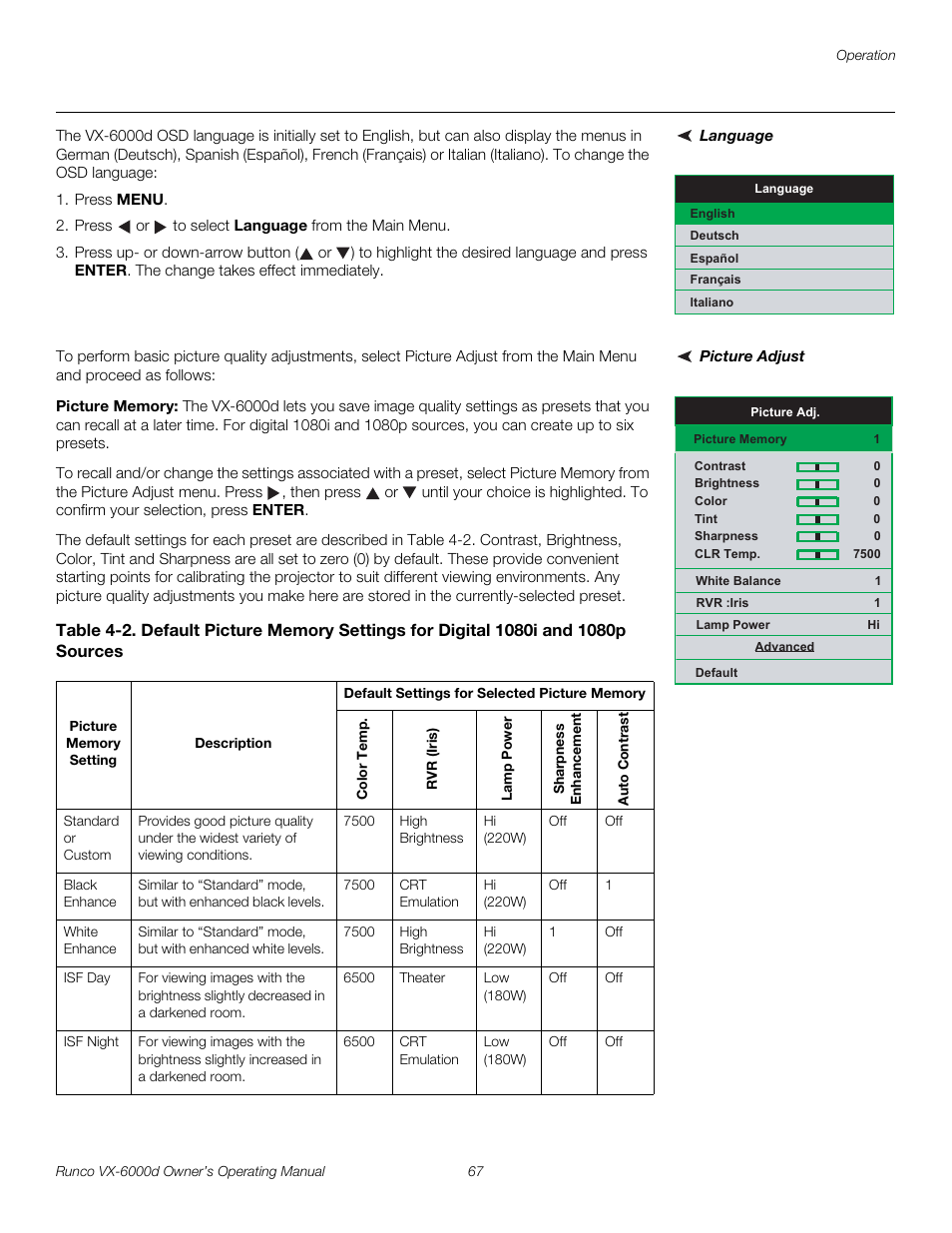 Language, Picture adjust, Picture memory | Pre l iminar y | Runco Video Xtreme VX-6000d User Manual | Page 79 / 102