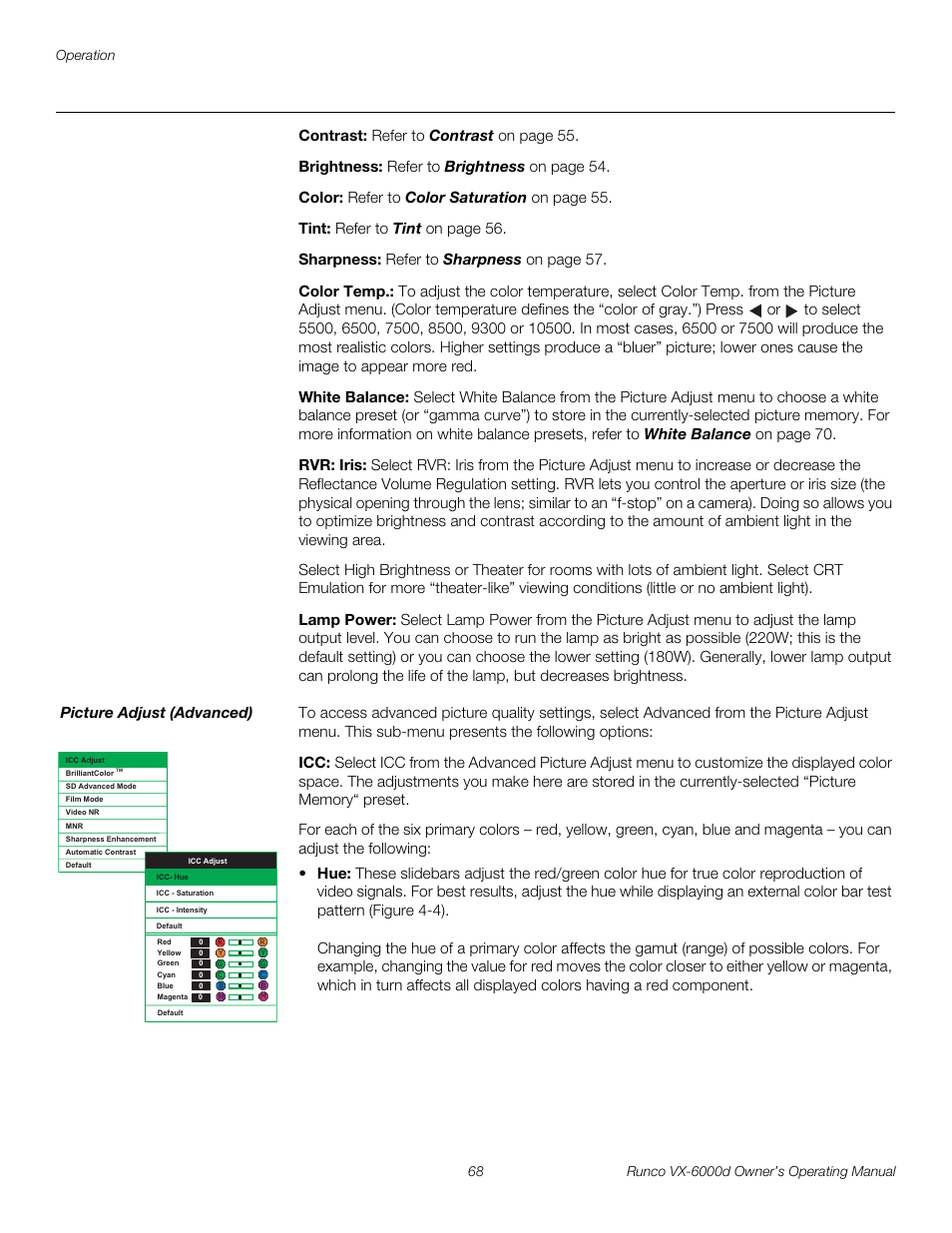 Contrast, Brightness, Color | Tint, Sharpness, Color temp, White balance, Rvr: iris, Lamp power, Picture adjust (advanced) | Runco Video Xtreme VX-6000d User Manual | Page 80 / 102