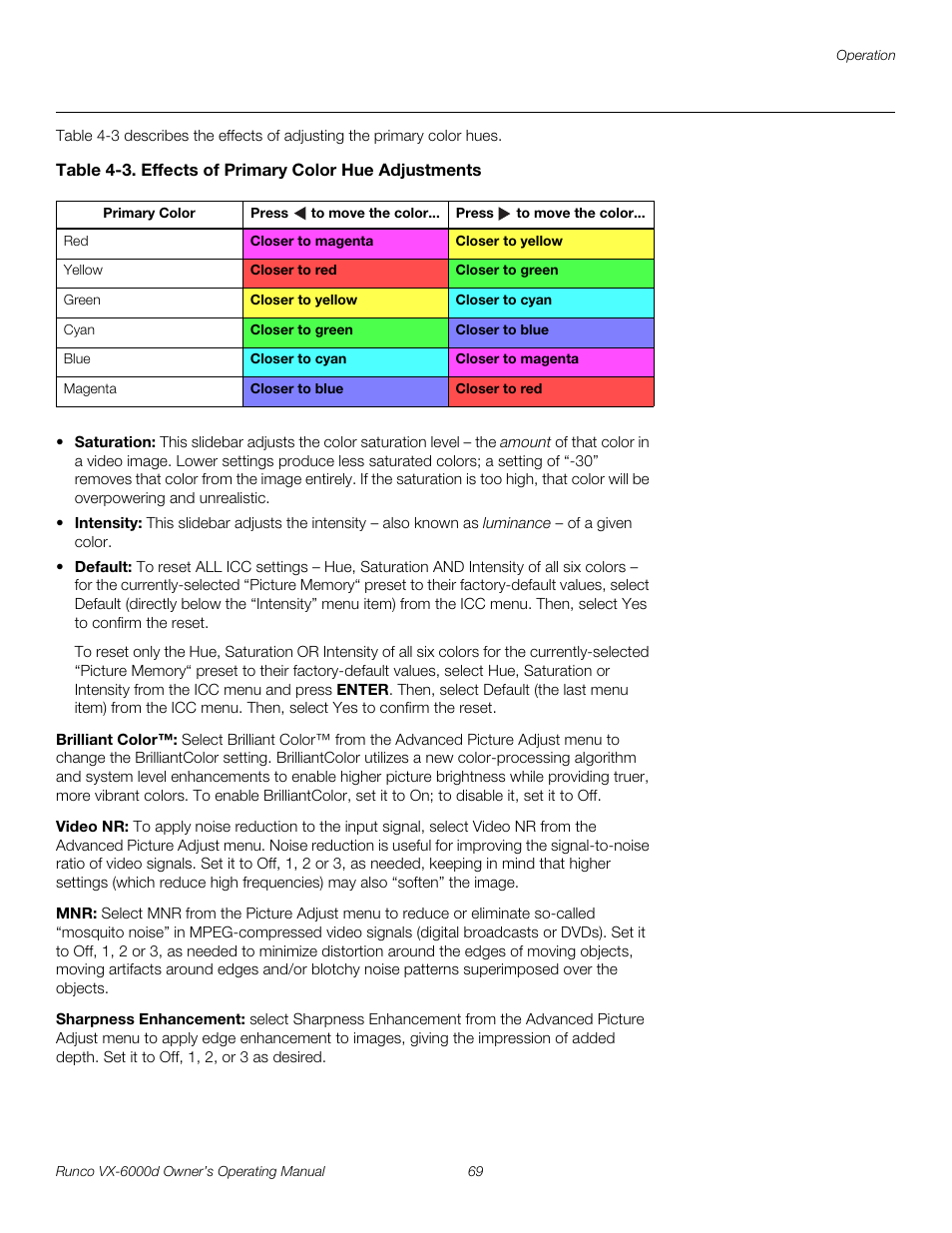Brilliant color, Video nr, Sharpness enhancement | Pre l iminar y | Runco Video Xtreme VX-6000d User Manual | Page 81 / 102