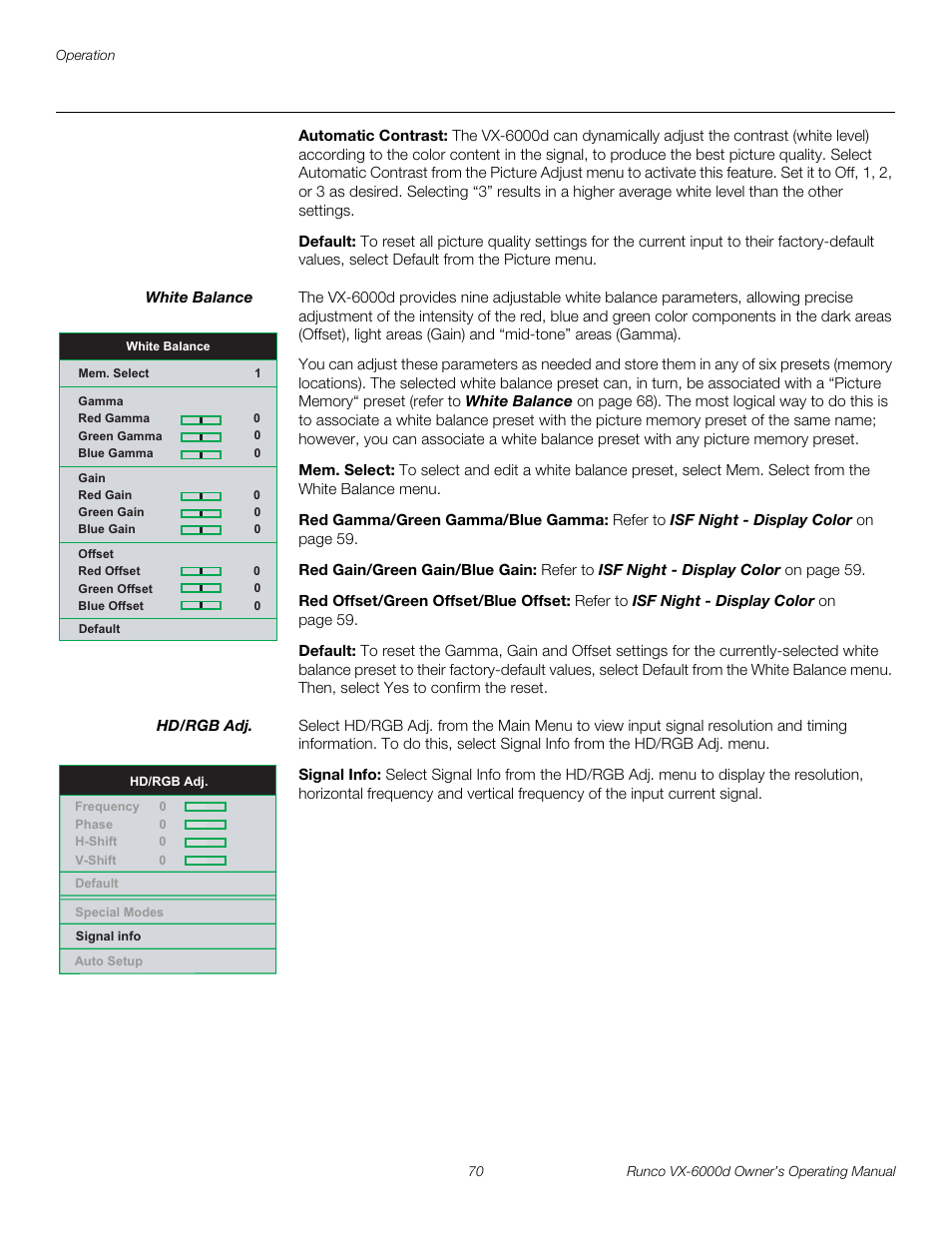 Automatic contrast, Default, White balance | Mem. select, Red gamma/green gamma/blue gamma, Red gain/green gain/blue gain, Red offset/green offset/blue offset, Hd/rgb adj, Signal info, Iminar | Runco Video Xtreme VX-6000d User Manual | Page 82 / 102