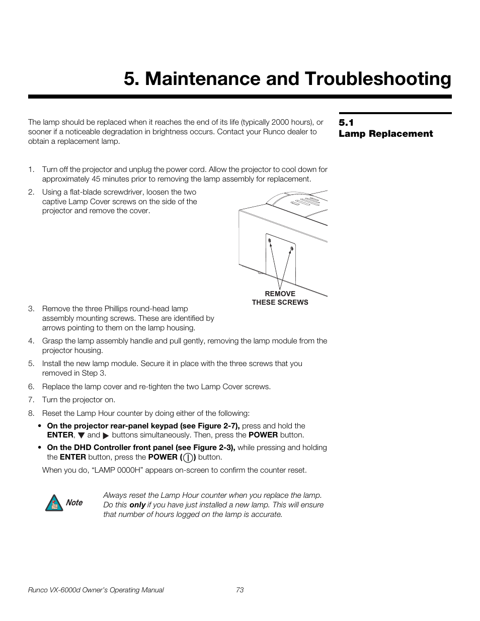 Maintenance and troubleshooting, 1 lamp replacement, Lamp replacement | Pre l iminar y | Runco Video Xtreme VX-6000d User Manual | Page 85 / 102