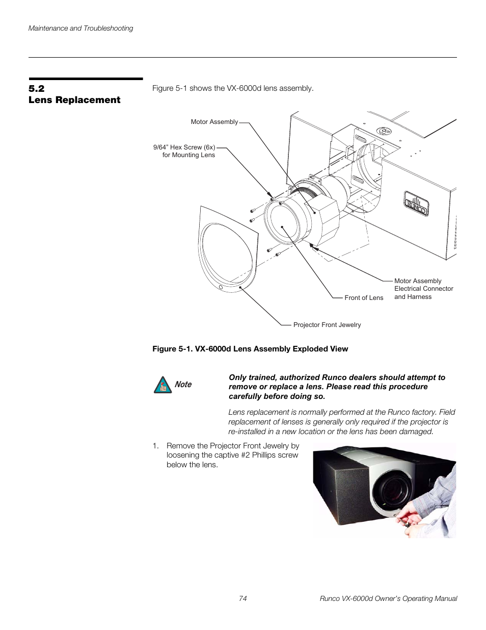 2 lens replacement, Figure 5-1 . vx-6000d lens assembly exploded view, Lens replacement | Pre l iminar y | Runco Video Xtreme VX-6000d User Manual | Page 86 / 102
