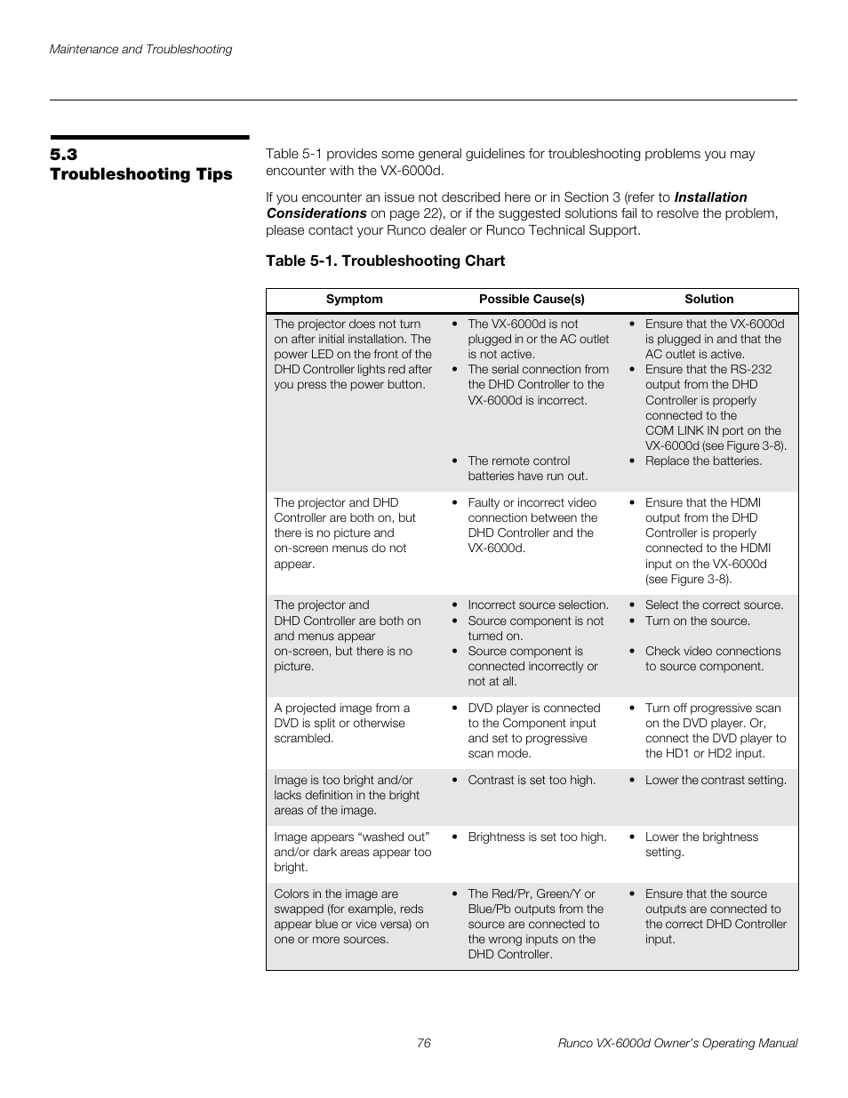 3 troubleshooting tips, Table 5-1 . troubleshooting chart, Troubleshooting tips | Pre l iminar y | Runco Video Xtreme VX-6000d User Manual | Page 88 / 102