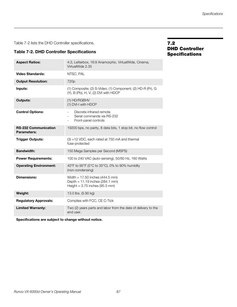 2 dhd controller specifications, Table 7-2 . dhd controller specifications, Dhd controller specifications | Table 7-2, Pre l iminar y | Runco Video Xtreme VX-6000d User Manual | Page 99 / 102