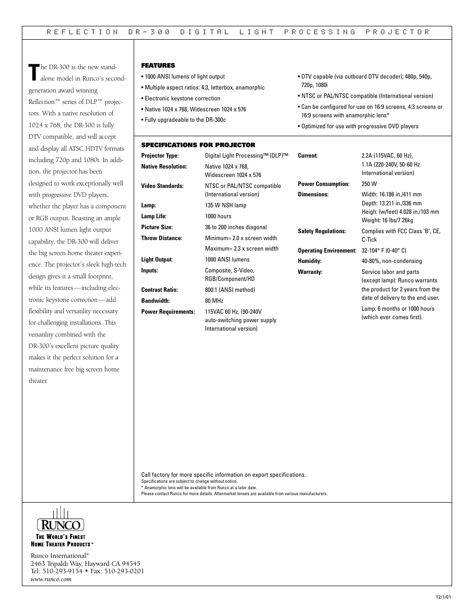 Runco DR-300 User Manual | Page 2 / 2