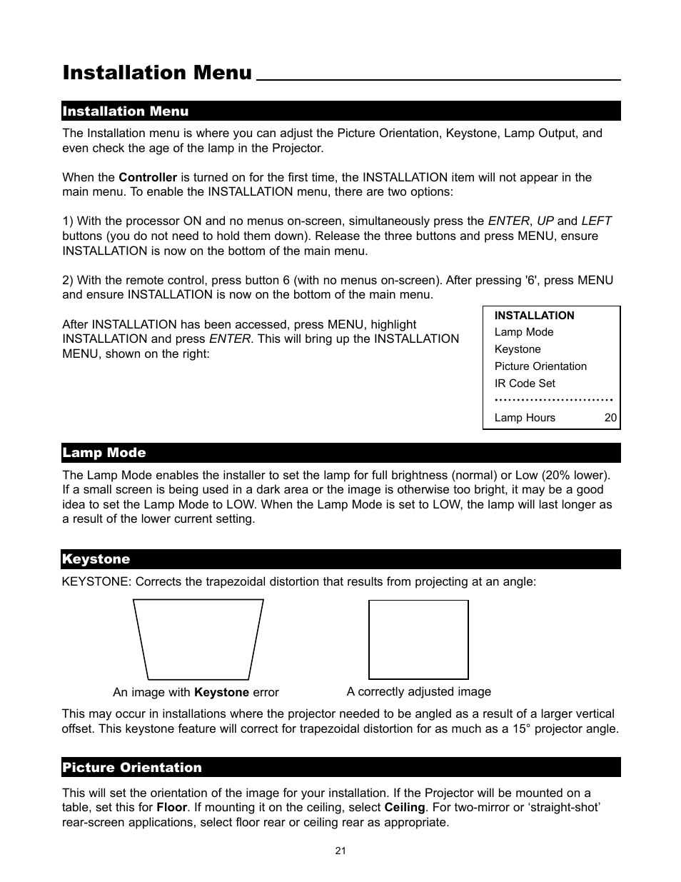 Installation menu | Runco REFLECTION VX-1000CI User Manual | Page 23 / 37