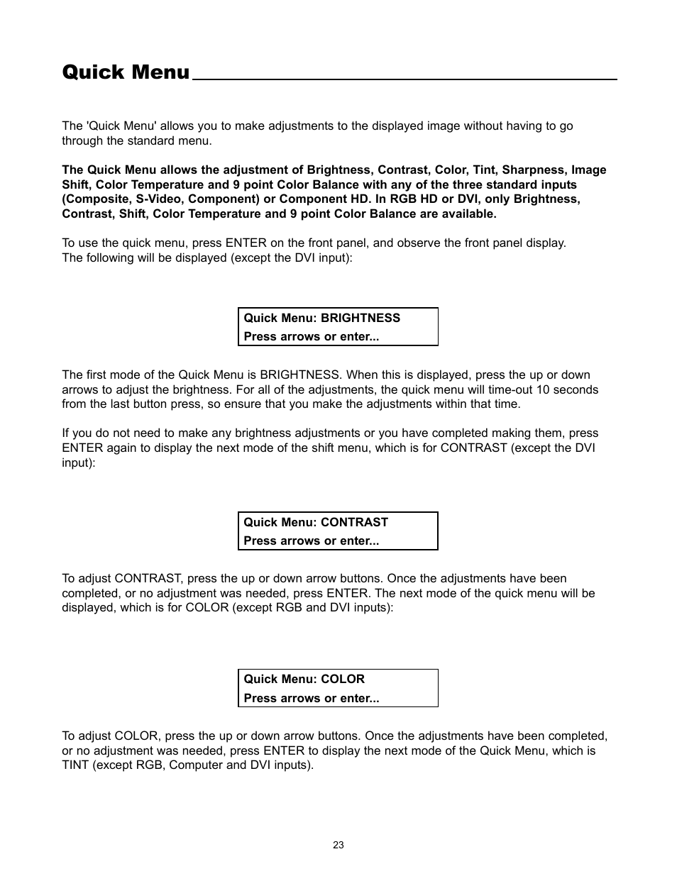 Quick menu | Runco REFLECTION VX-1000CI User Manual | Page 25 / 37