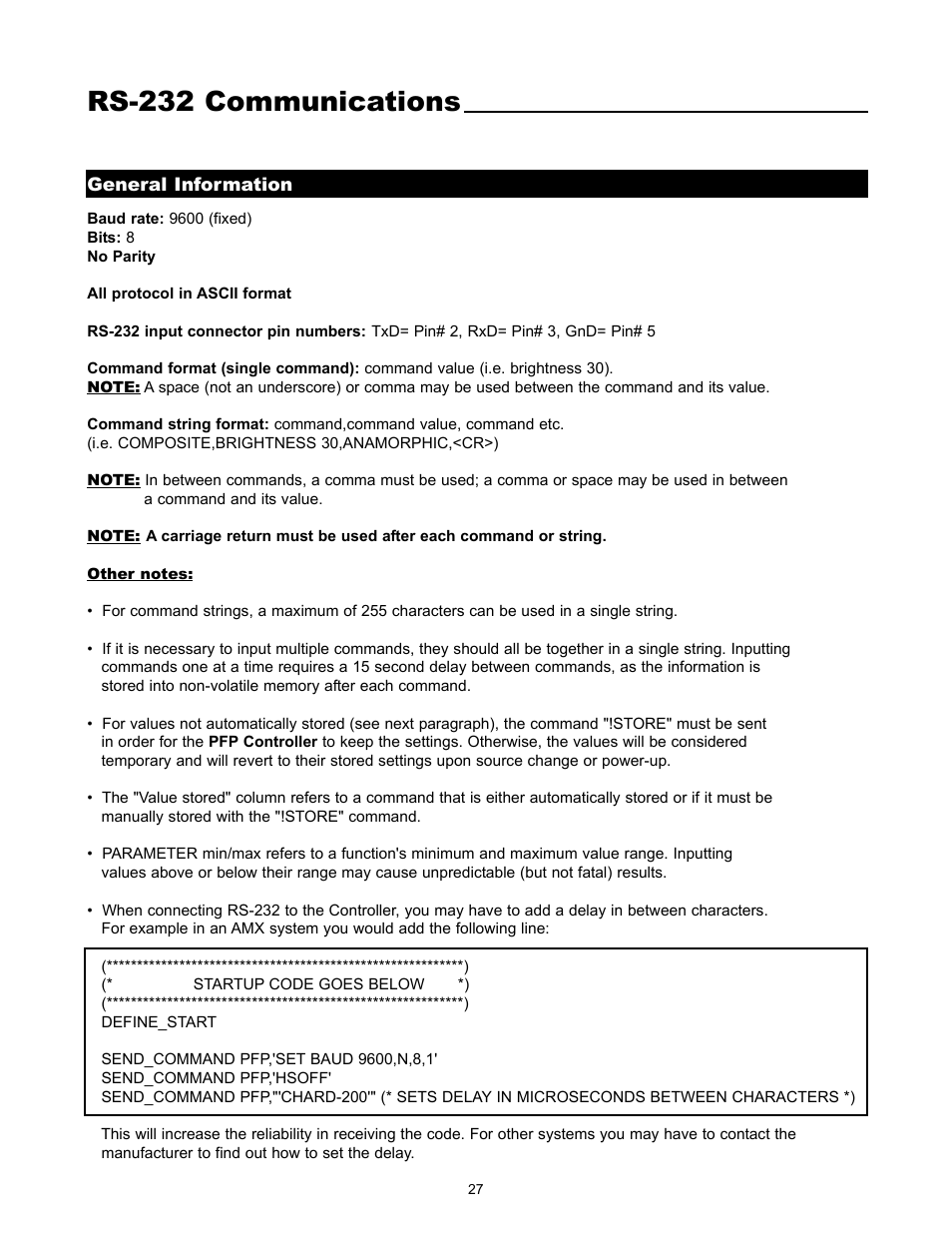 Rs-232 communications | Runco REFLECTION VX-1000CI User Manual | Page 29 / 37
