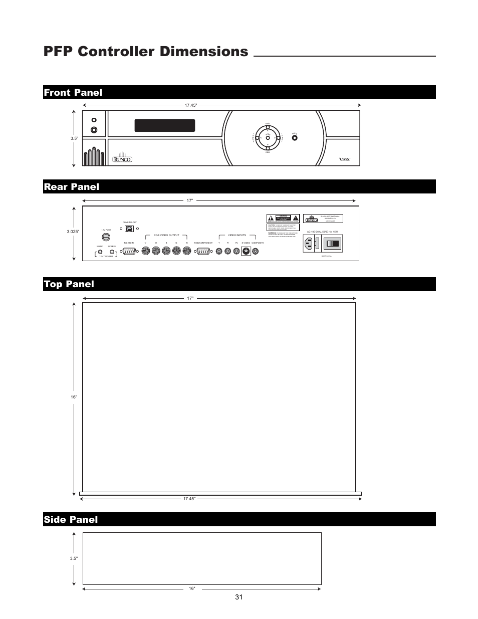 Pfp controller dimensions, Front panel rear panel top panel side panel | Runco REFLECTION VX-1000CI User Manual | Page 33 / 37