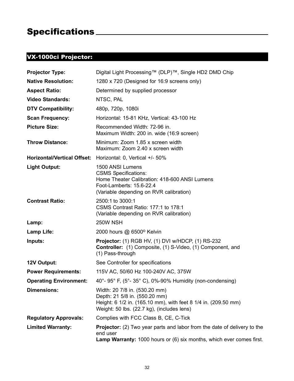 Specifications | Runco REFLECTION VX-1000CI User Manual | Page 34 / 37
