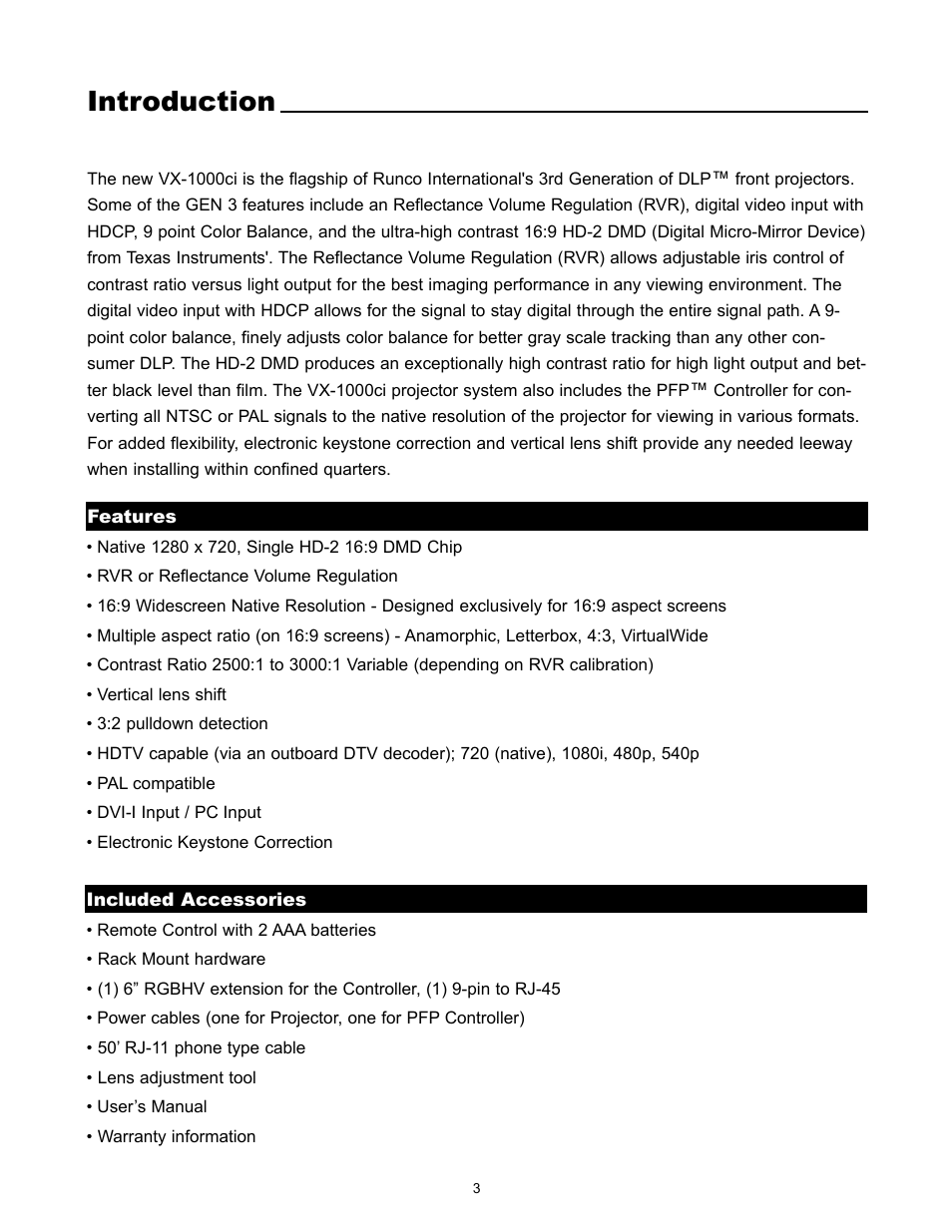 Introduction | Runco REFLECTION VX-1000CI User Manual | Page 5 / 37