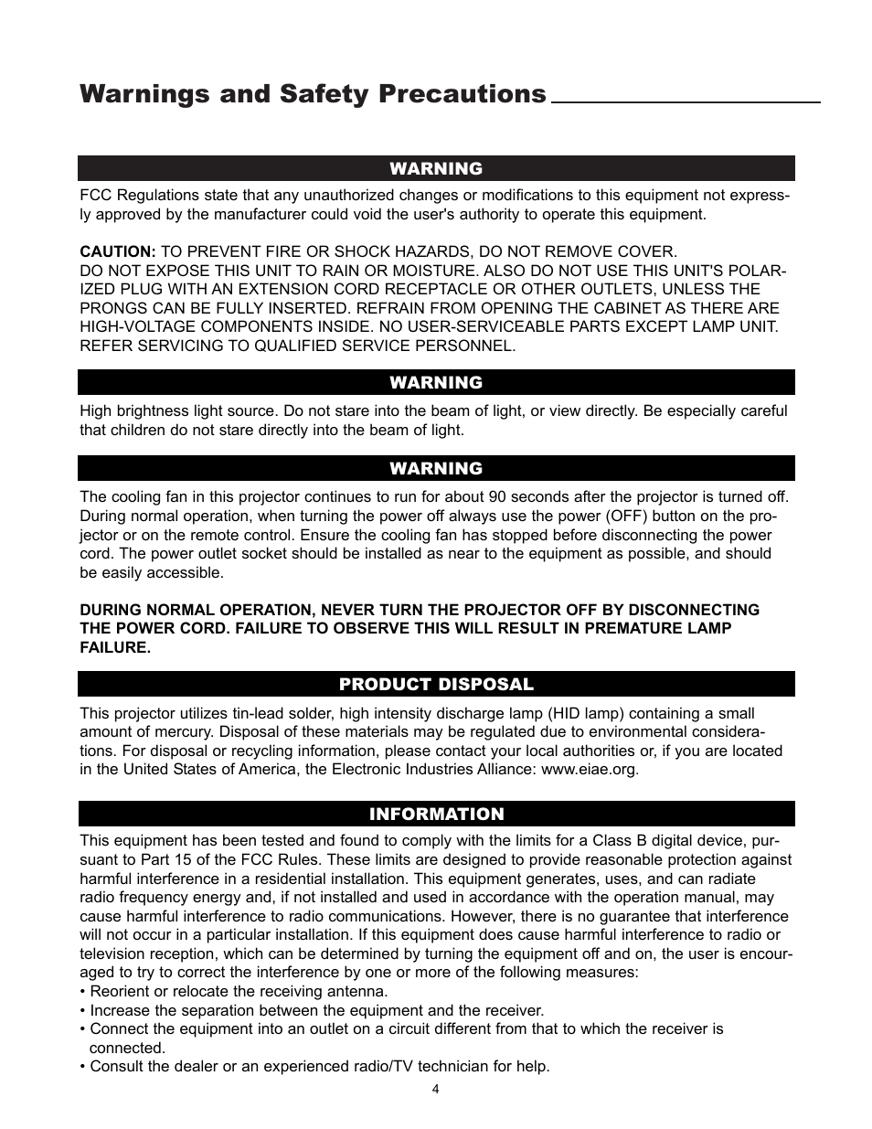 Warnings and safety precautions | Runco REFLECTION VX-1000CI User Manual | Page 6 / 37
