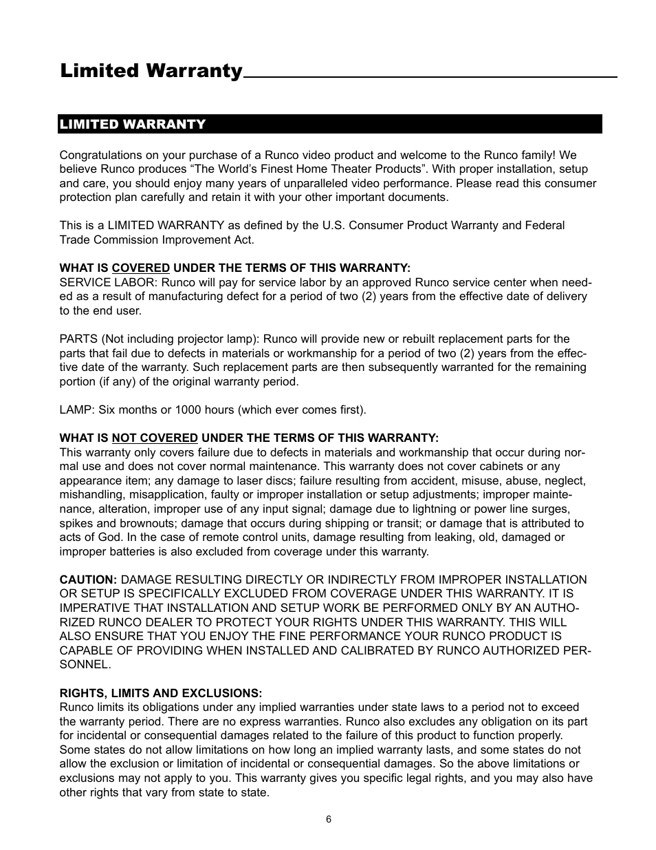 Limited warranty | Runco REFLECTION VX-1000CI User Manual | Page 8 / 37