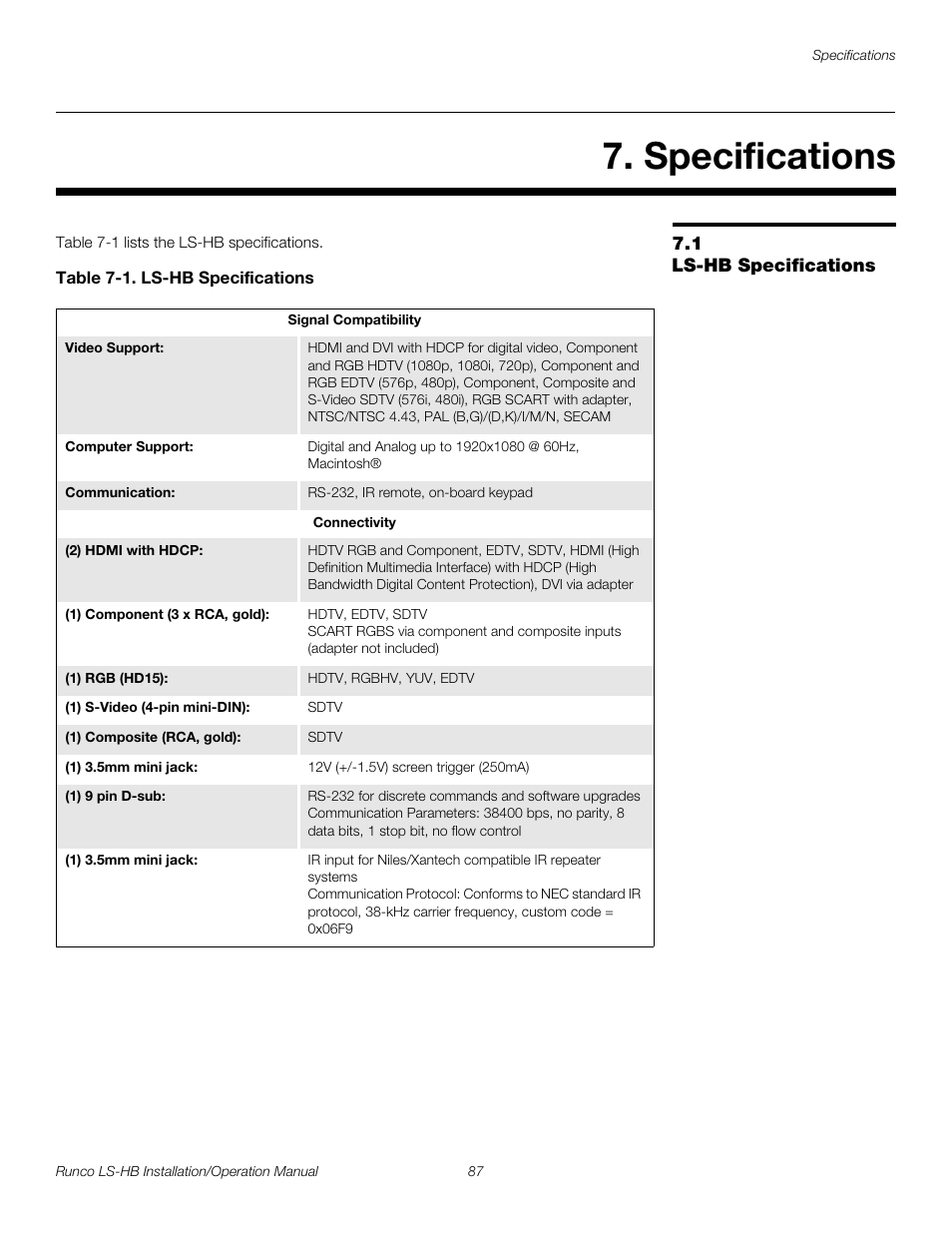 Specifications, 1 ls-hb specifications, Table 7-1 . ls-hb specifications | Ls-hb specifications, Pre l iminar y | Runco LIGHTSTYLE LS-HB User Manual | Page 103 / 110