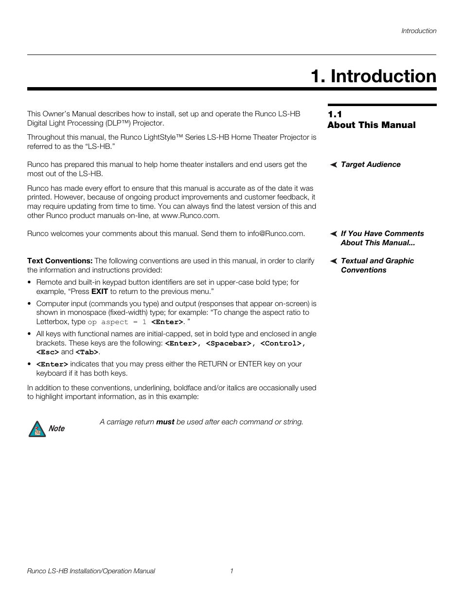 Introduction, 1 about this manual, Target audience | If you have comments about this manual, Textual and graphic conventions, Text conventions, About this manual, Pre l iminar y | Runco LIGHTSTYLE LS-HB User Manual | Page 17 / 110