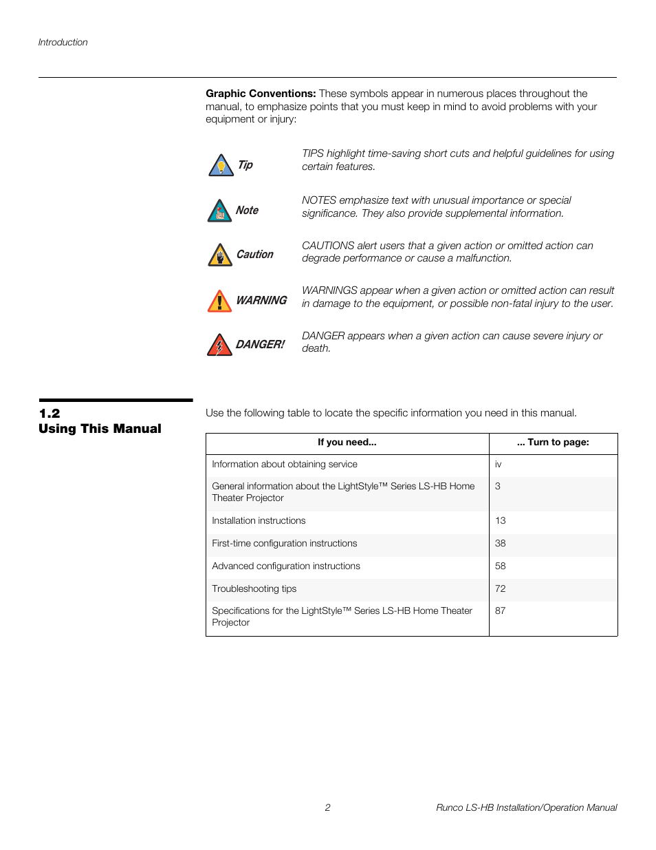 Graphic conventions, 2 using this manual, Using this manual | Pre l iminar y | Runco LIGHTSTYLE LS-HB User Manual | Page 18 / 110