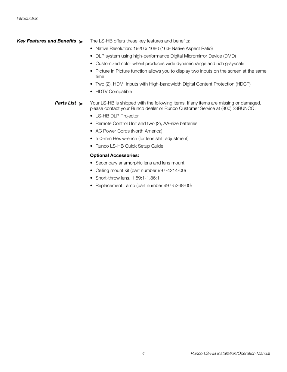 Key features and benefits, Parts list, Optional accessories | Pre l iminar y | Runco LIGHTSTYLE LS-HB User Manual | Page 20 / 110