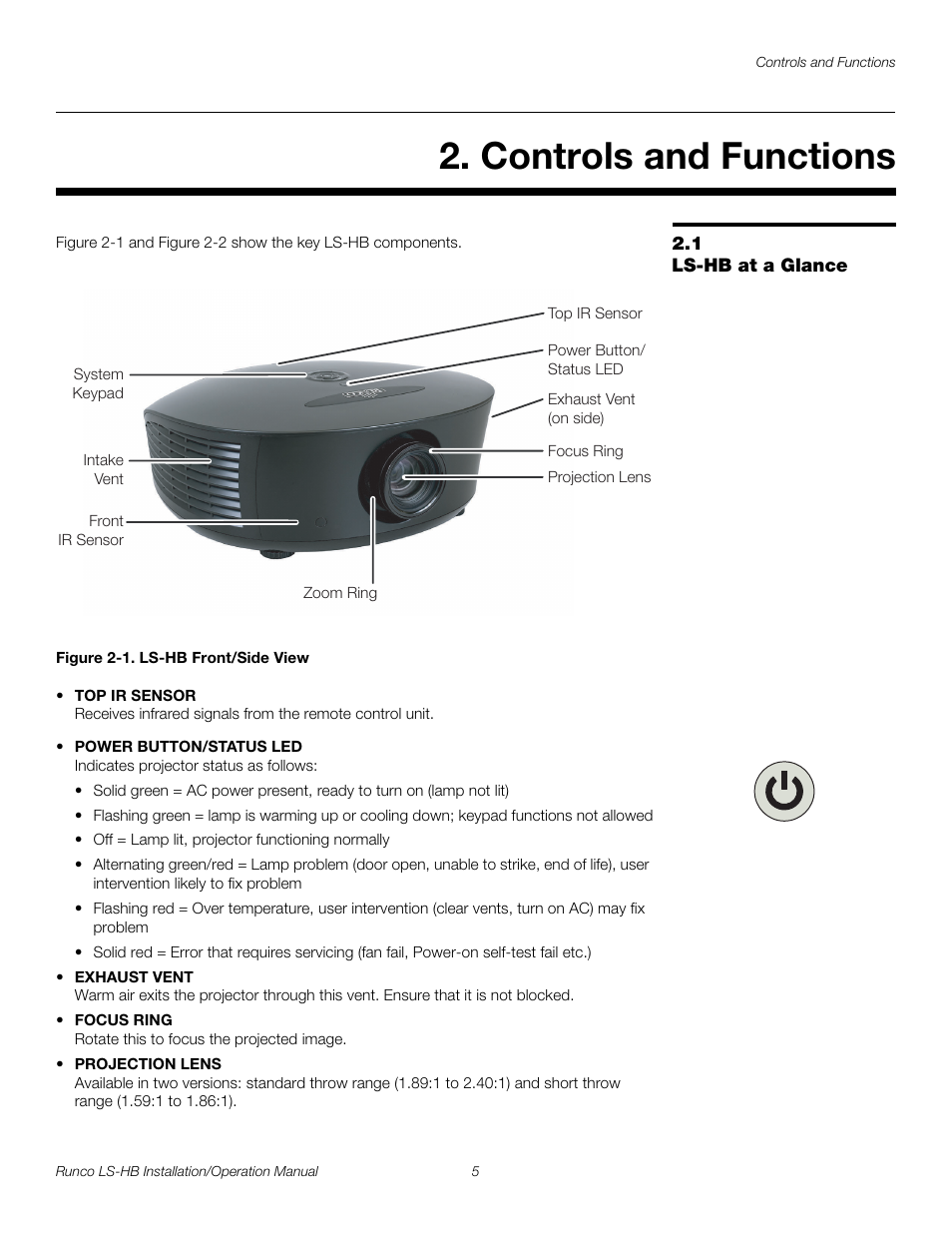 Controls and functions, 1 ls-hb at a glance, Figure 2-1 . ls-hb front/side view | Iminar, Ls-hb at a glance, 1. ls-hb front/side view, Pre l iminar y | Runco LIGHTSTYLE LS-HB User Manual | Page 21 / 110