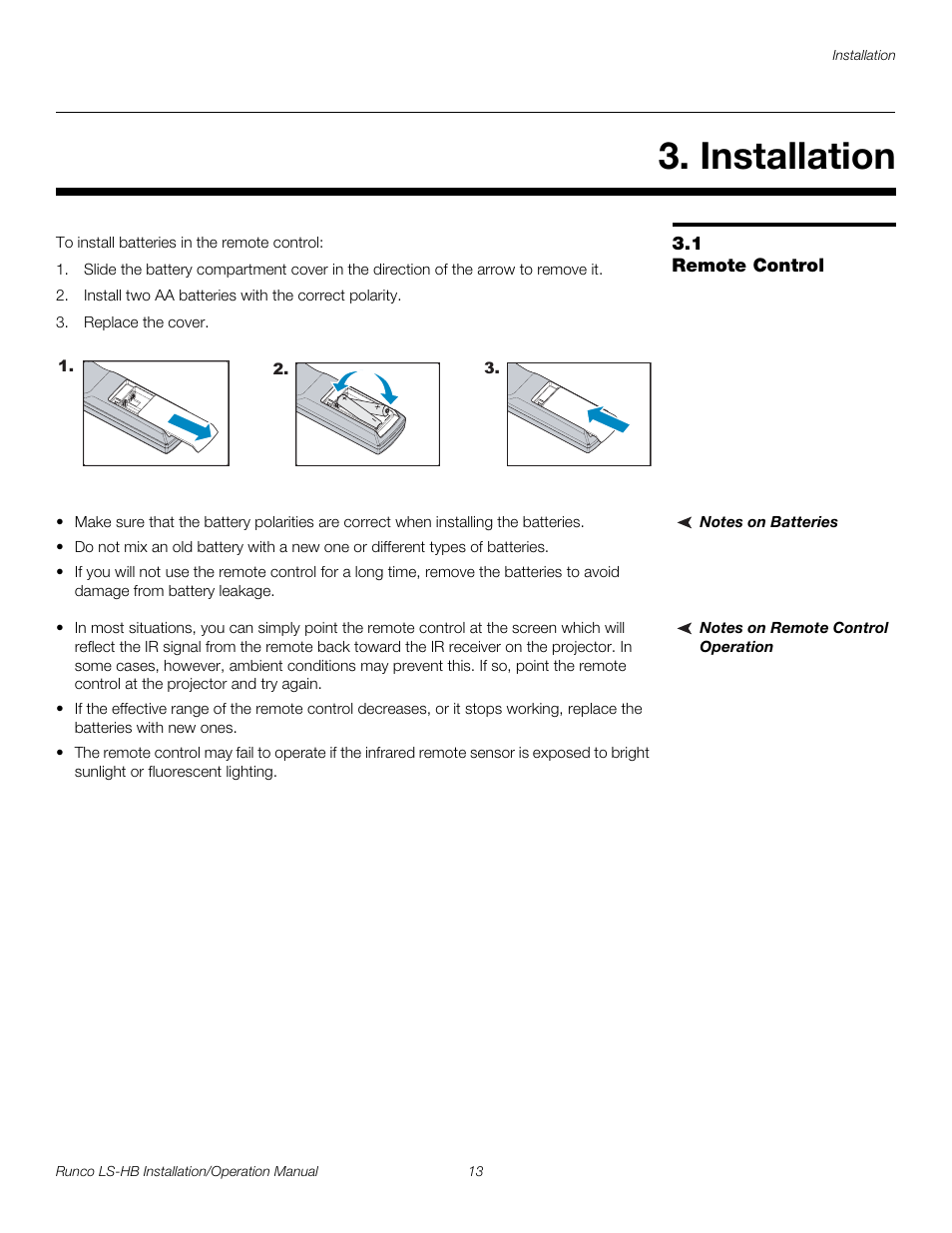 Installation, 1 remote control, Notes on batteries | Notes on remote control operation, Remote control, Pre l iminar y | Runco LIGHTSTYLE LS-HB User Manual | Page 29 / 110