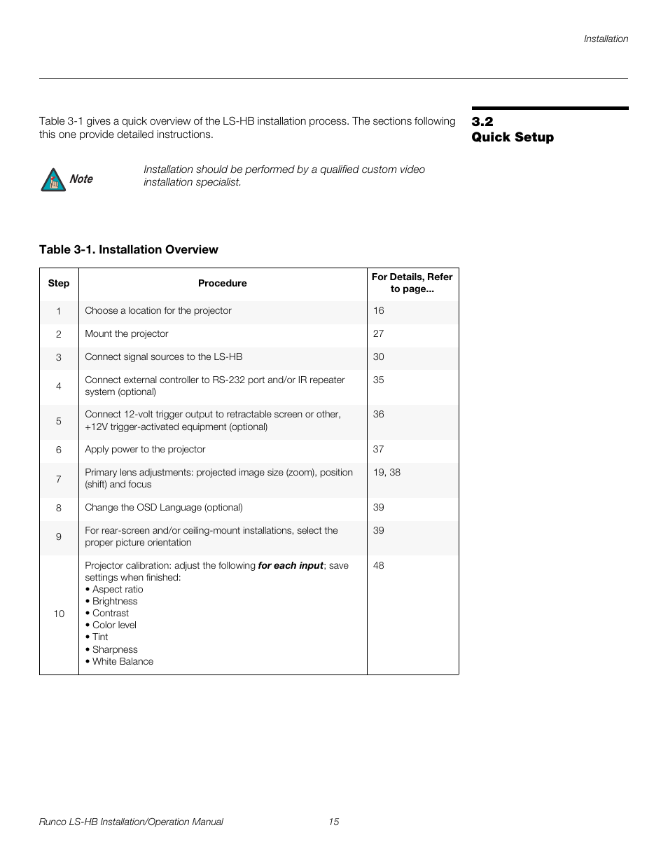 2 quick setup, Table 3-1 . installation overview, Quick setup | Pre l iminar y | Runco LIGHTSTYLE LS-HB User Manual | Page 31 / 110