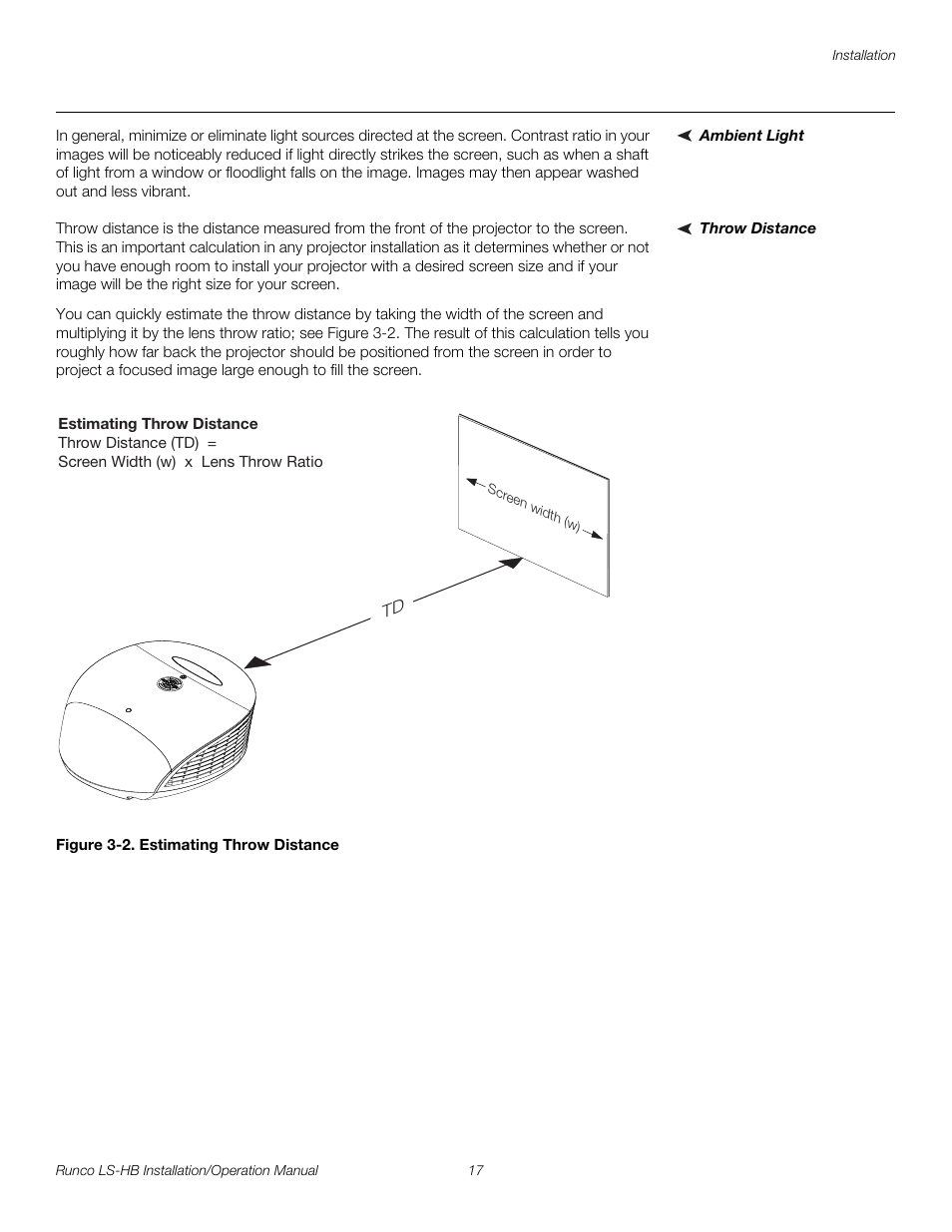 Ambient light, Throw distance, Figure 3-2 . estimating throw distance | 2. estimating throw distance, Pre l iminar y | Runco LIGHTSTYLE LS-HB User Manual | Page 33 / 110