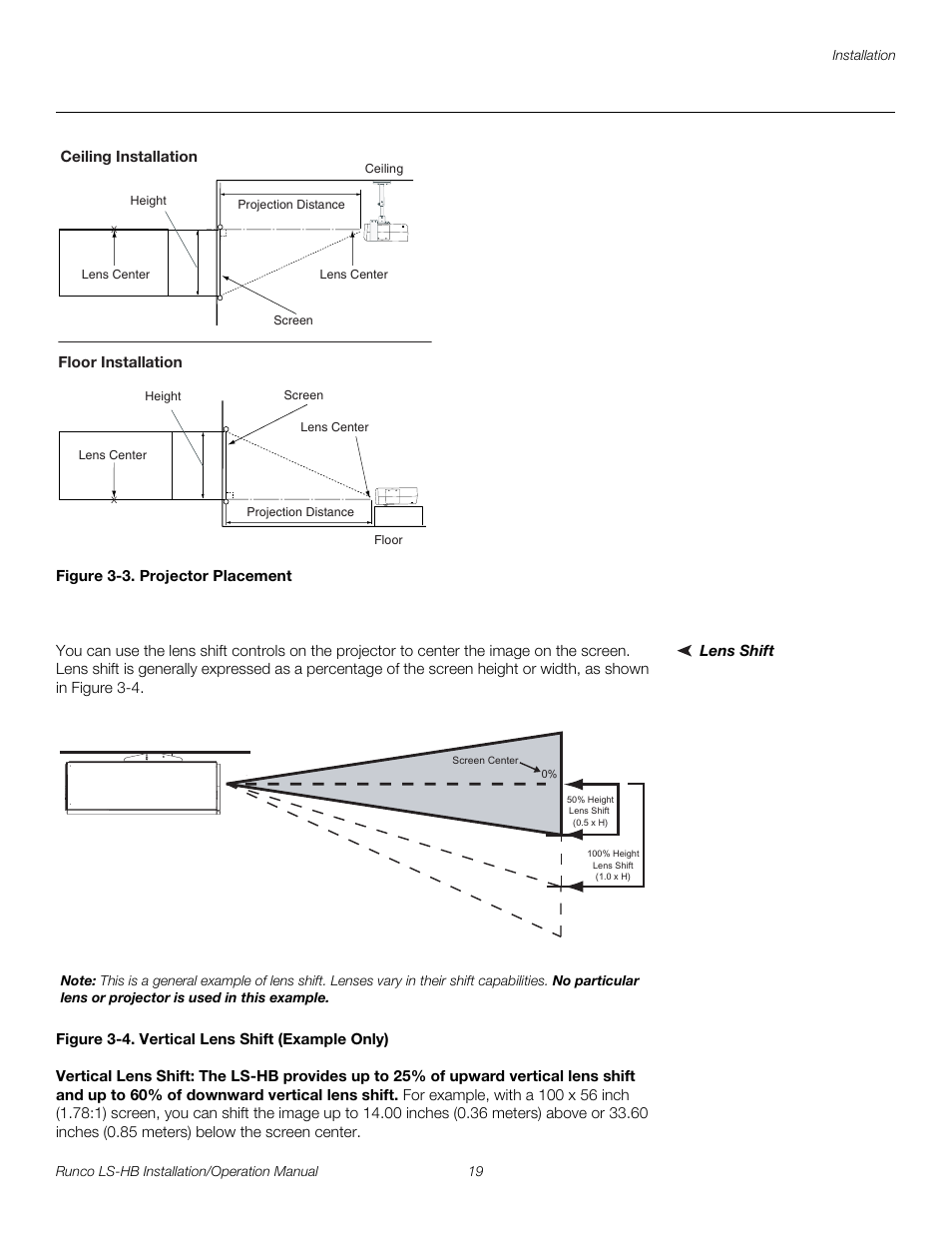 Figure 3-3 . projector placement, Lens shift, Figure 3-4 . vertical lens shift (example only) | Vertical lens shift, 3. projector placement, 4. vertical lens shift (example only), Pre l iminar y | Runco LIGHTSTYLE LS-HB User Manual | Page 35 / 110