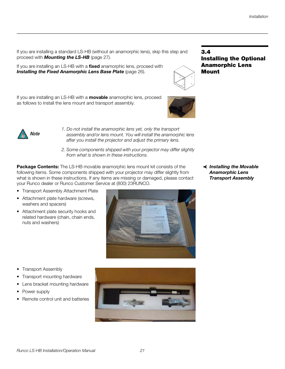 4 installing the optional anamorphic lens mount, Package contents, Installing the optional anamorphic lens mount | Pre l iminar y | Runco LIGHTSTYLE LS-HB User Manual | Page 37 / 110