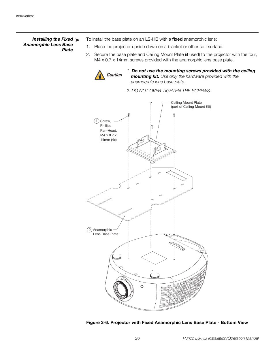 Installing the fixed anamorphic lens base plate, Pre l iminar y | Runco LIGHTSTYLE LS-HB User Manual | Page 42 / 110