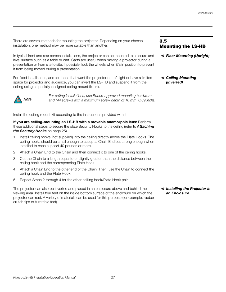 5 mounting the ls-hb, Floor mounting (upright), Ceiling mounting (inverted) | Installing the projector in an enclosure, Mounting the ls-hb, Pre l iminar y | Runco LIGHTSTYLE LS-HB User Manual | Page 43 / 110