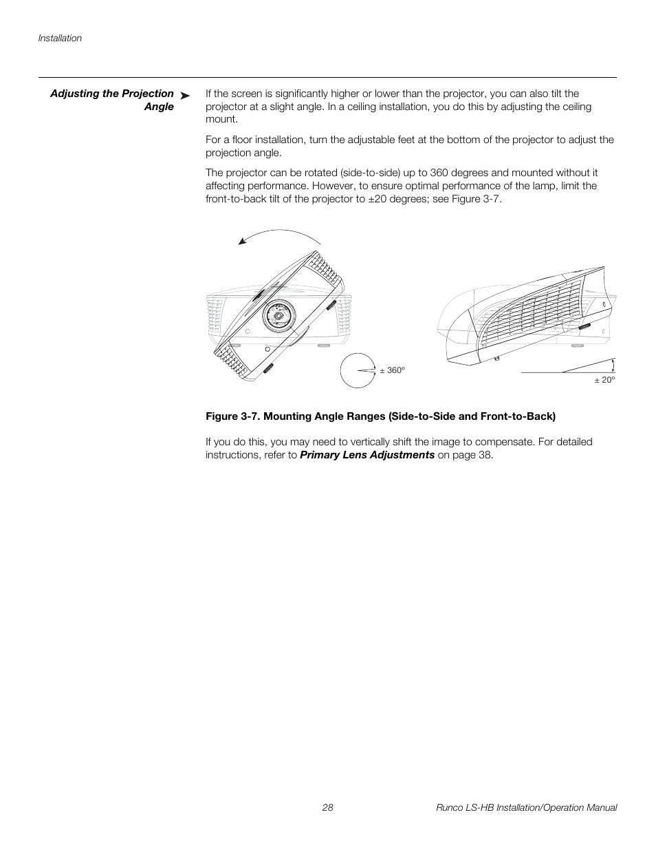 Adjusting the projection angle, Pre l iminar y | Runco LIGHTSTYLE LS-HB User Manual | Page 44 / 110