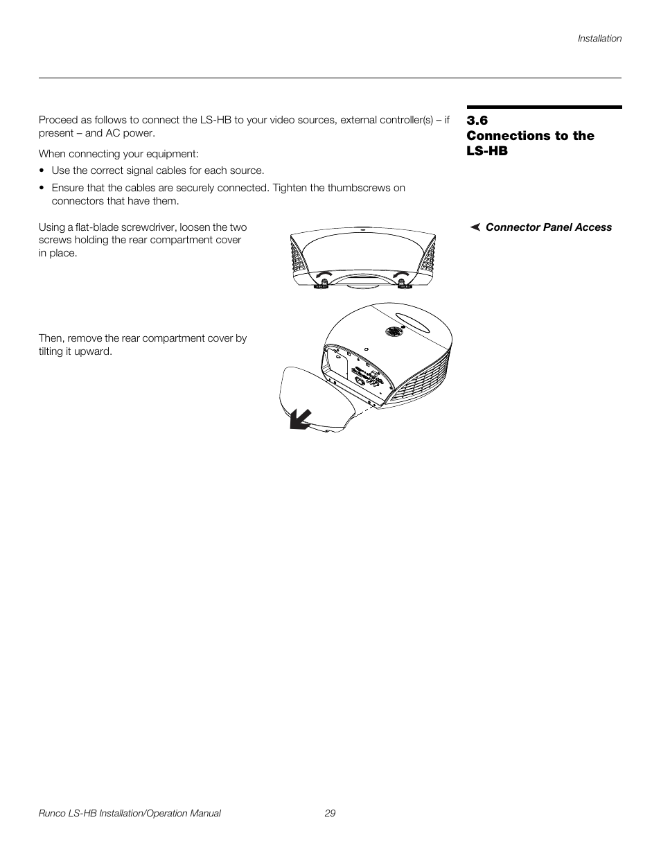 6 connections to the ls-hb, Connector panel access, Connections to the ls-hb | Pre l iminar y | Runco LIGHTSTYLE LS-HB User Manual | Page 45 / 110