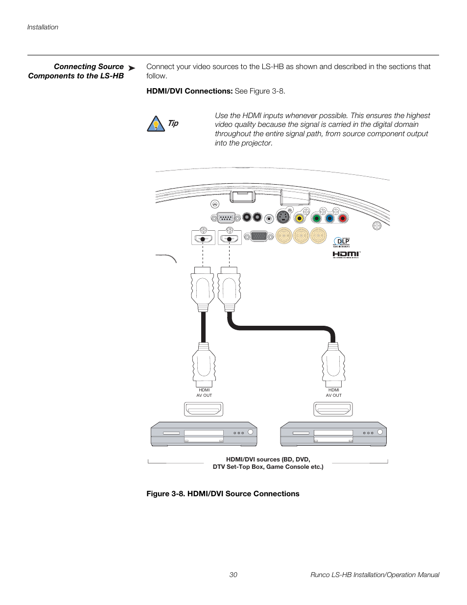 Connecting source components to the ls-hb, Hdmi/dvi connections, Figure 3-8 . hdmi/dvi source connections | 8. hdmi/dvi source connections, Pre l iminar y | Runco LIGHTSTYLE LS-HB User Manual | Page 46 / 110