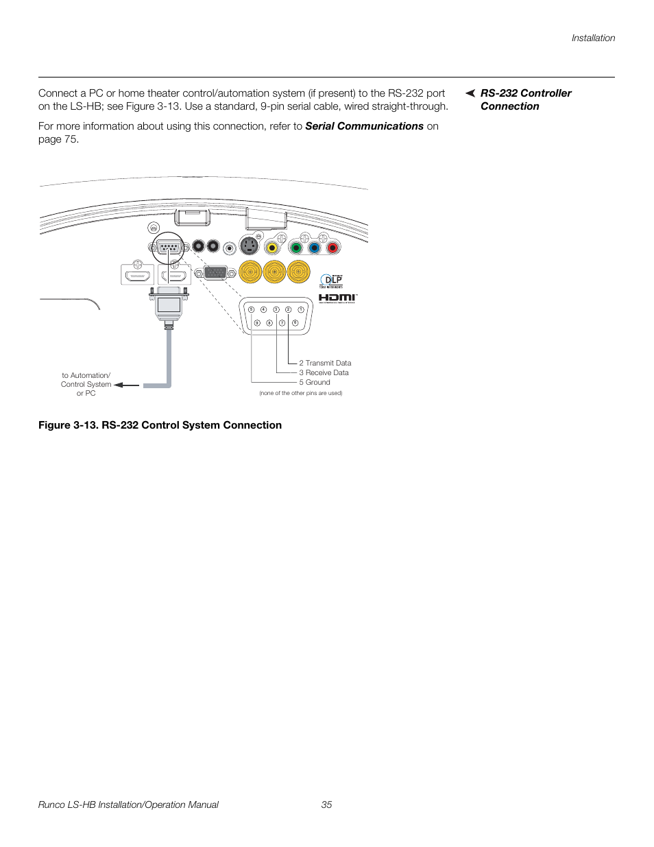 Rs-232 controller connection, Figure 3-13 . rs-232 control system connection, 13. rs-232 control system connection | Pre l iminar y | Runco LIGHTSTYLE LS-HB User Manual | Page 51 / 110