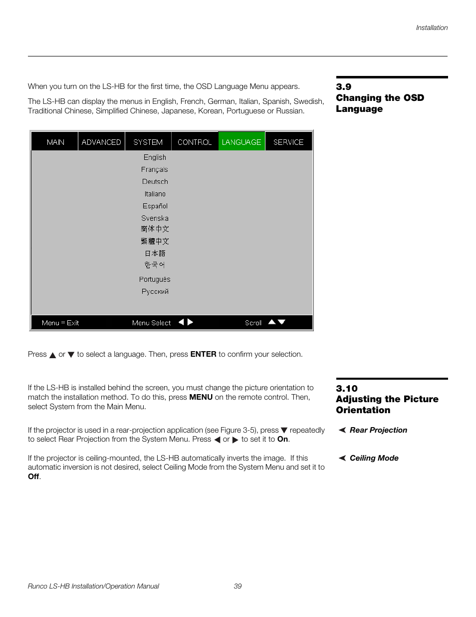 9 changing the osd language, 10 adjusting the picture orientation, Rear projection | Ceiling mode, Iminar, Changing the osd language, Adjusting the picture orientation, Pre l iminar y | Runco LIGHTSTYLE LS-HB User Manual | Page 55 / 110
