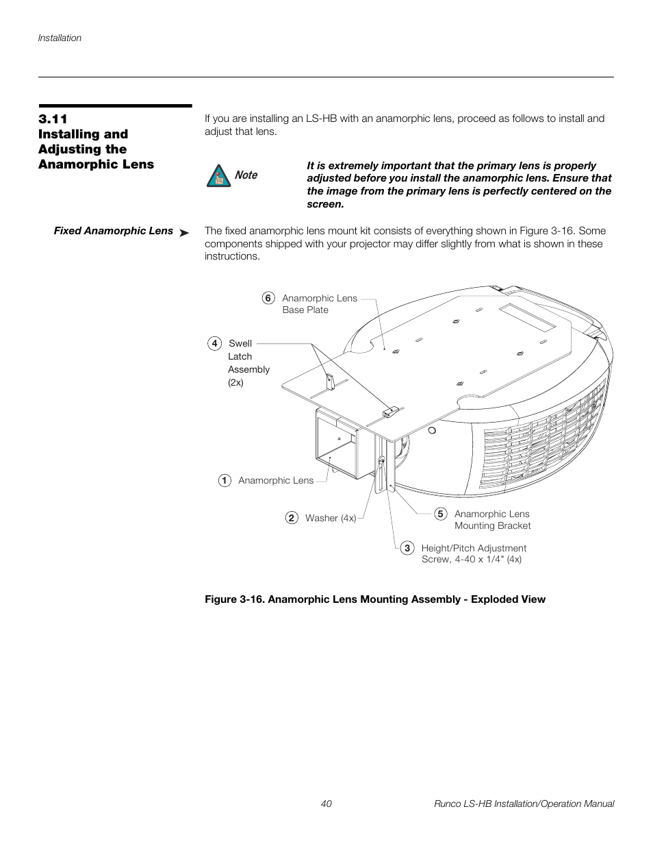 11 installing and adjusting the anamorphic lens, Fixed anamorphic lens, Installing and adjusting the anamorphic lens | Pre l iminar y | Runco LIGHTSTYLE LS-HB User Manual | Page 56 / 110