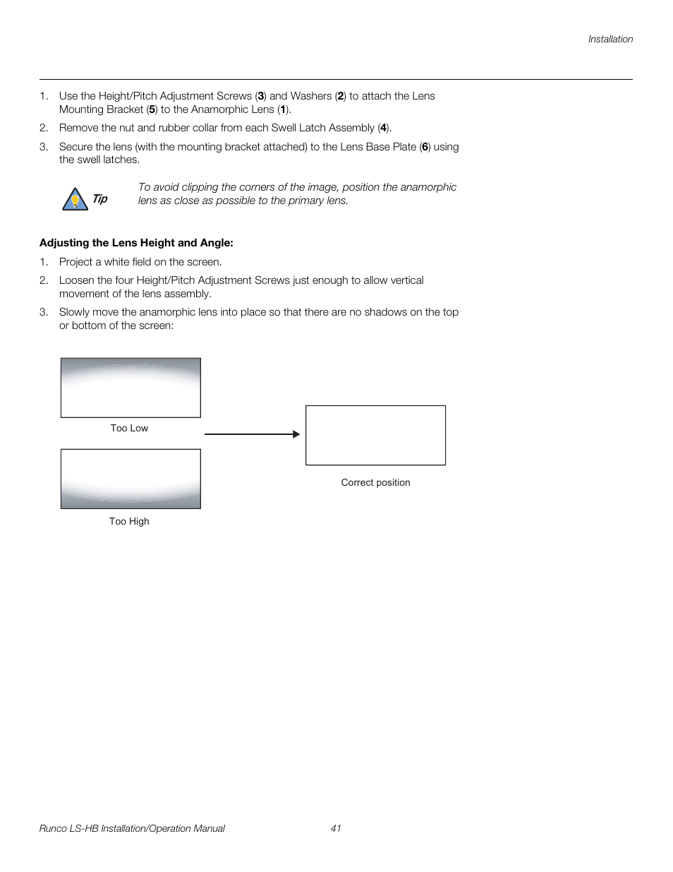 Adjusting the lens height and angle, Pre l iminar y | Runco LIGHTSTYLE LS-HB User Manual | Page 57 / 110