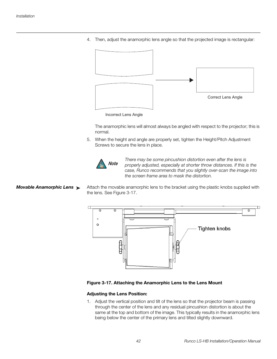 Movable anamorphic lens, Adjusting the lens position, Pre l iminar y | Runco LIGHTSTYLE LS-HB User Manual | Page 58 / 110