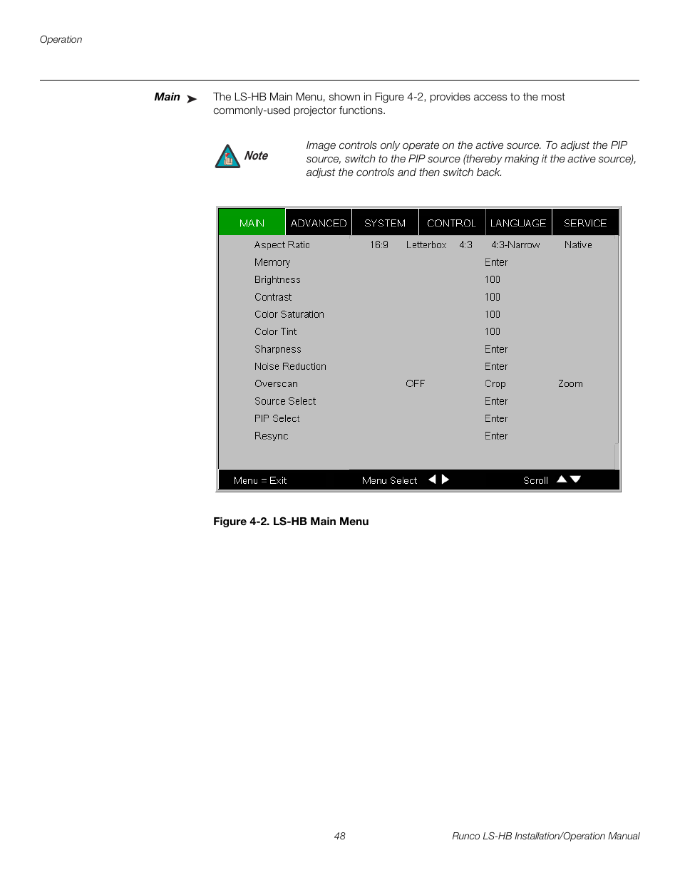 Main, Figure 4-2 . ls-hb main menu, 2. ls-hb main menu | Pre l iminar y | Runco LIGHTSTYLE LS-HB User Manual | Page 64 / 110