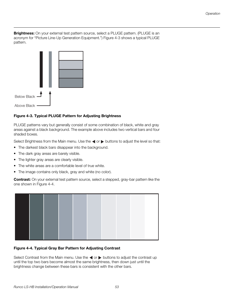 Brightness, Contrast, 3. typical pluge pattern for adjusting brightness | 4. typical gray bar pattern for adjusting contrast, Pre l iminar y | Runco LIGHTSTYLE LS-HB User Manual | Page 69 / 110