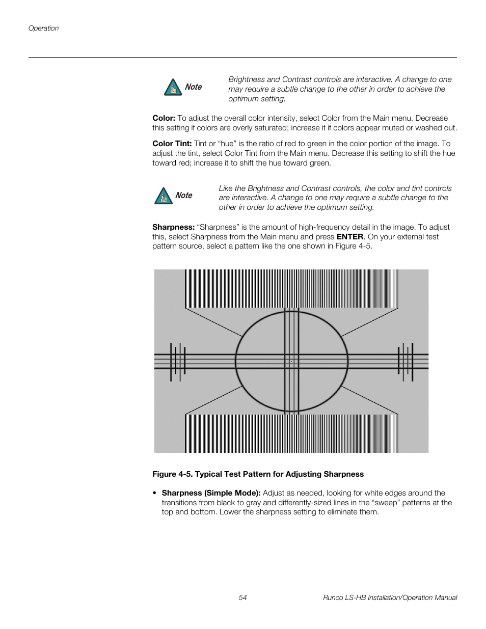 Color, Color tint, Sharpness | 5. typical test pattern for adjusting sharpness, Pre l iminar y | Runco LIGHTSTYLE LS-HB User Manual | Page 70 / 110