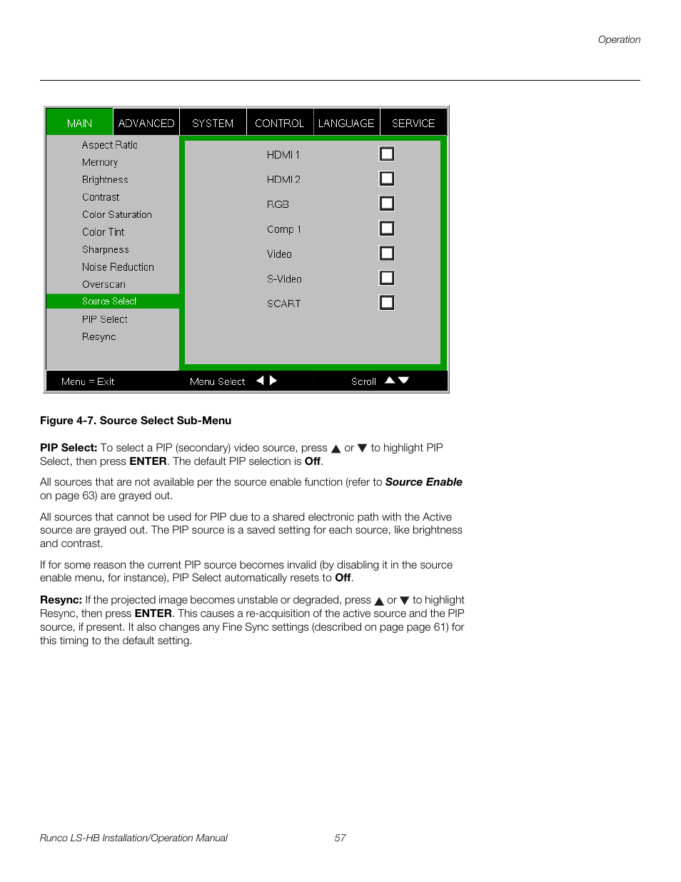 Figure 4-7 . source select sub-menu, Pip select, Resync | 7. source select sub-menu, In figure 4-7, Pre l iminar y | Runco LIGHTSTYLE LS-HB User Manual | Page 73 / 110