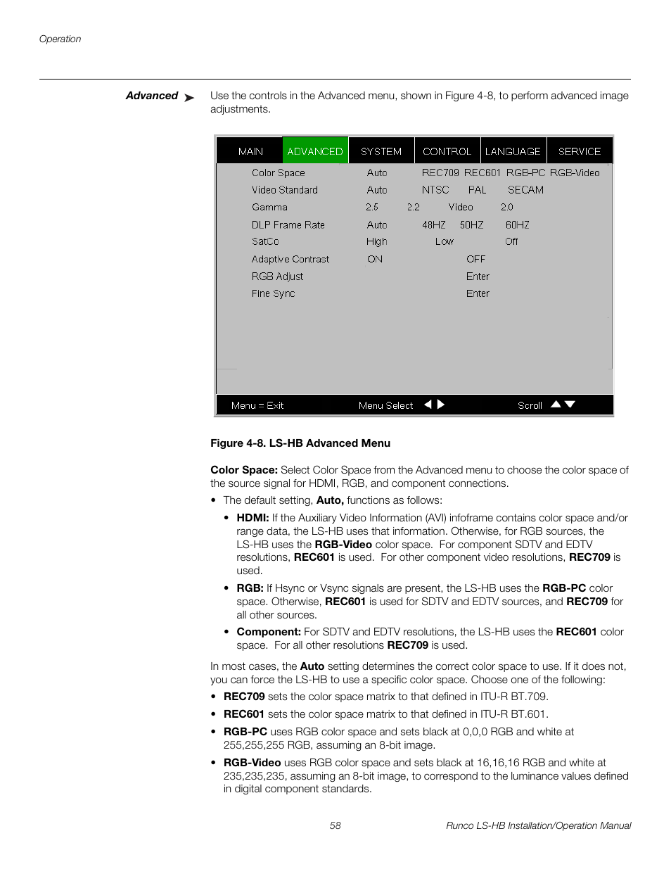 Advanced, Figure 4-8 . ls-hb advanced menu, Color space | 8. ls-hb advanced menu, Pre l iminar y | Runco LIGHTSTYLE LS-HB User Manual | Page 74 / 110