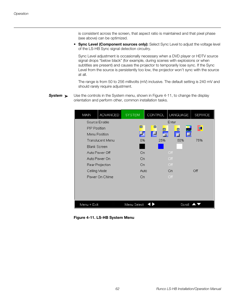 System, Figure 4-11 . ls-hb system menu, 11. ls-hb system menu | Ct system fro, Pre l iminar y | Runco LIGHTSTYLE LS-HB User Manual | Page 78 / 110